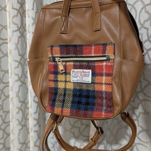 Brown Backpack Purse with Multicolor Plaid Accent
